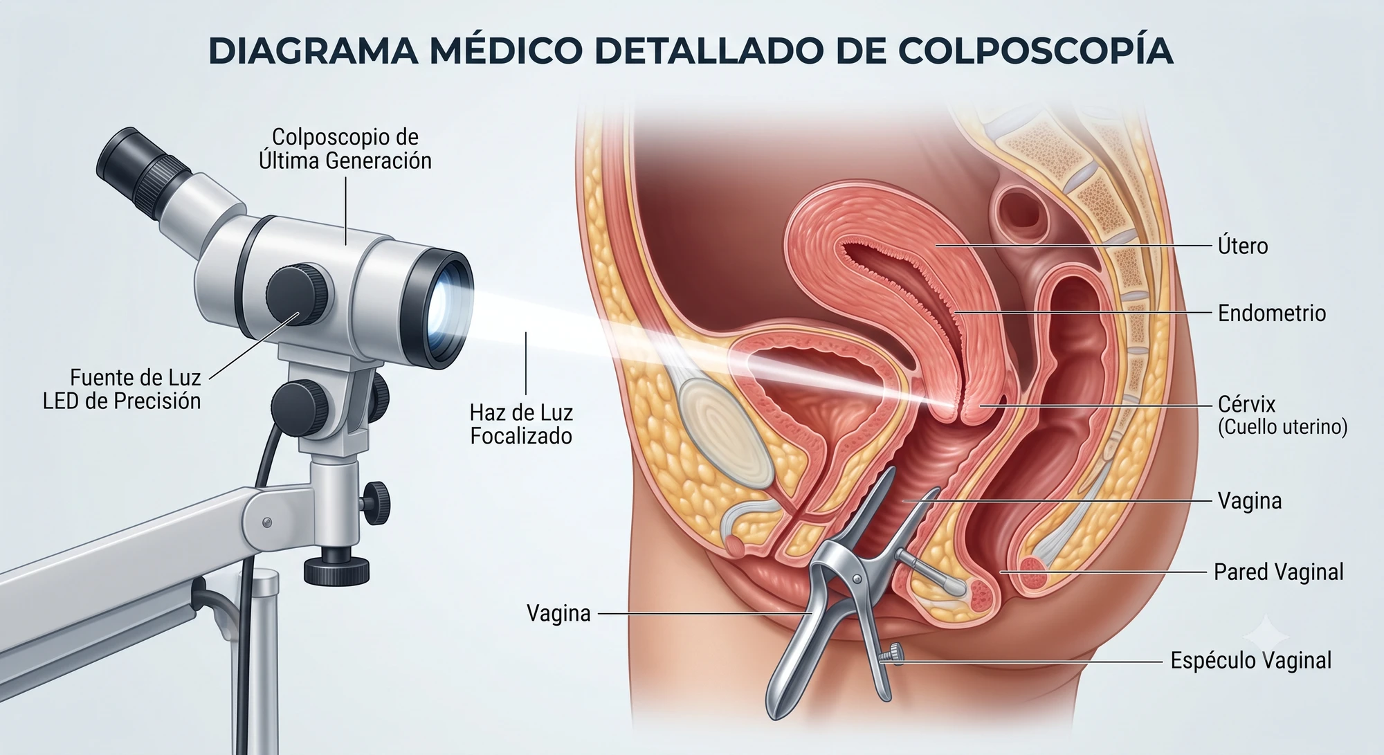 Diagrama informativo de la anatomía y el procedimiento de colposcopía